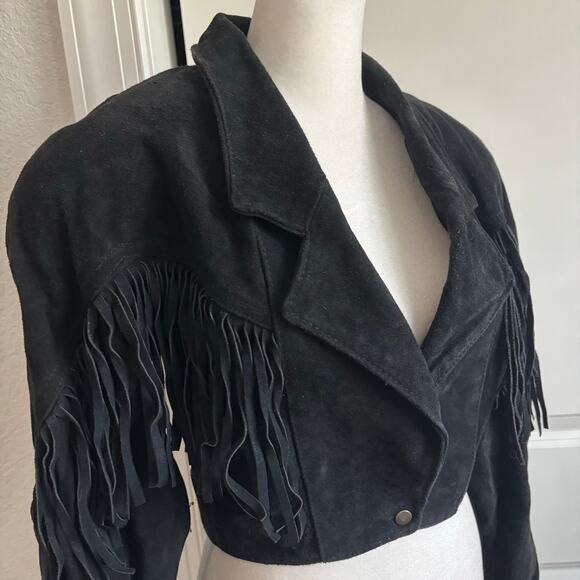 VTG Outerwear by Phoenix 80s Black Suede Fringe Leather Cropped Jacket Western M - Picture 3 of 15